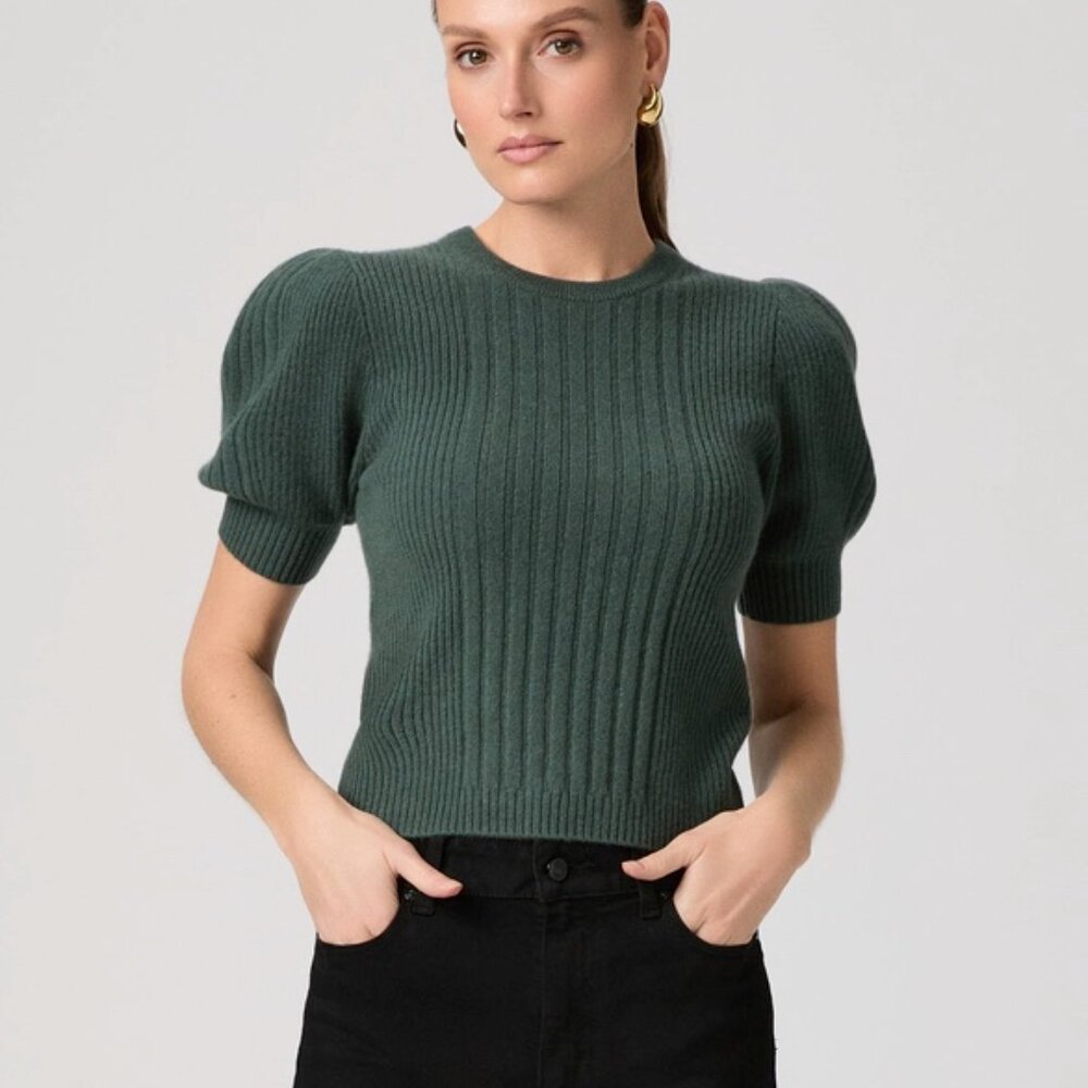 PAIGE Kato Short Puff Sleeve Sweater Fern Green MED 100% Cashmere NWT
